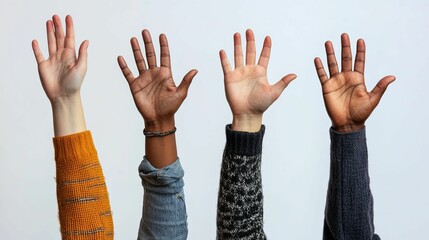 Four Hands Raised with Open Palms, Different Skin Tones