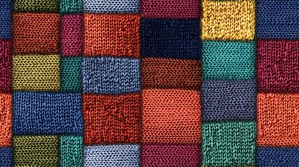 Seamless background featuring a knitted texture that mimics wool showcasing a variety of multicolored squares