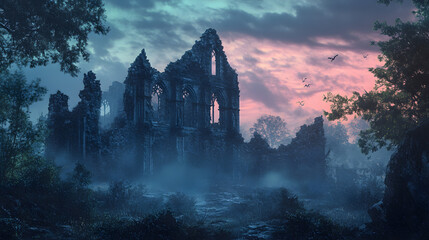 Towering gothic ruins overrun with nature twilights