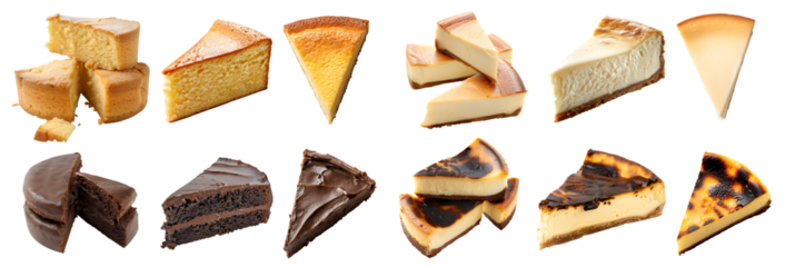 Collection of 4 cake pastry dessert set in slices. Burnt Basque and classic Cheesecake, Chocolate fudge, Sponge chiffon butter on transparent cutout PNG file. Mockup template for artwork design