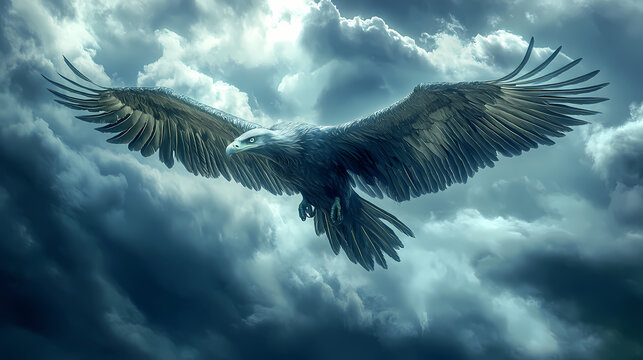 A majestic thunderbird with a long beak gracefully flying through stormy skies, showcasing its impressive wingspan and powerful flight. Thunderbird. Illustration