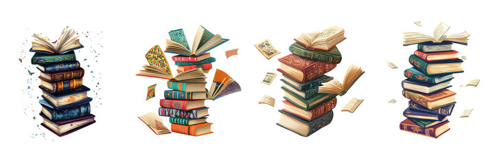 Floating Stack of Colorful Books with Fluttering Pages isolated on transparent png background