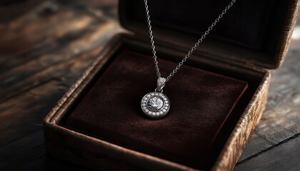 A beautiful diamond pendant necklace rests elegantly in a vintage jewelry box on a rustic wooden surface.