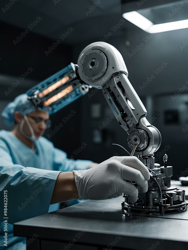 Poster robotic arm with scalpel performing high-tech surgery in an advanced operating room.