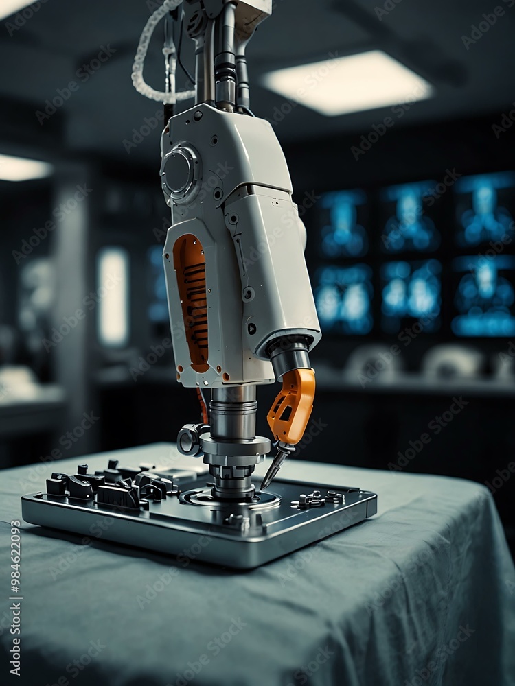 Poster robotic arm with scalpel performing high-tech surgery in an advanced operating room.