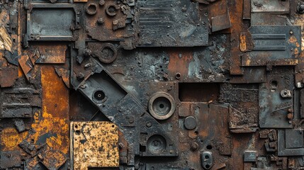Steel scrap from a lathe machine with various textures in the background
