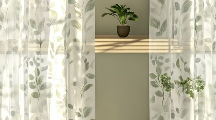 Modern interior featuring curtains with wind swept leaves wallpaper