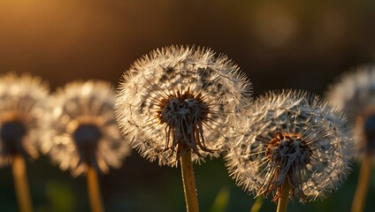Romantic macro view of dandelion seeds glowing in sunset light.
