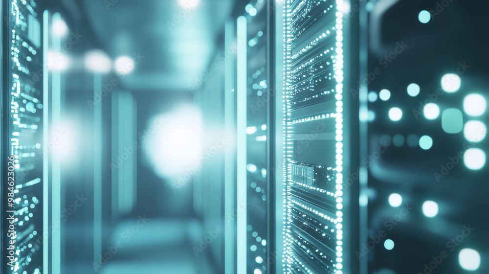 Poster a close up view of futuristic data center showcasing glowing wiring and illuminated servers. advance