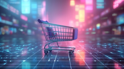 A futuristic shopping cart with sleek design on a digital grid floor, set against a backdrop of blurred skyscrapers and glowing displays in a modern online shopping environment