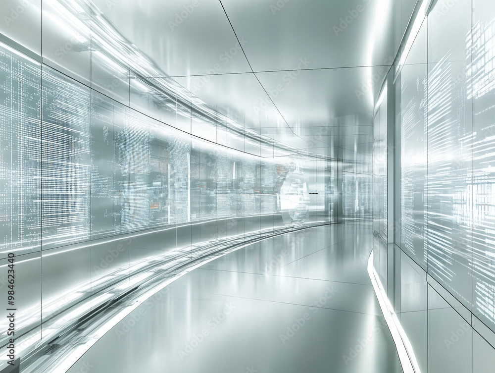 Poster futuristic data center with sleek, reflective surfaces and glowing digital displays creates an immer