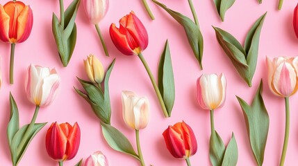 Obraz premium Pattern of tulips on a pink backdrop