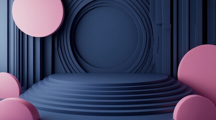 Promotional graphics featuring a navy blue backdrop with 3D elements, creating a modern digital sales setting ideal for showcasing products or events