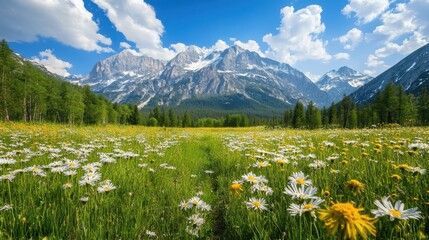 Mountain Majesty: Vibrant Wildflowers Framing a Majestic Peak Under a Brilliant Blue Sky.