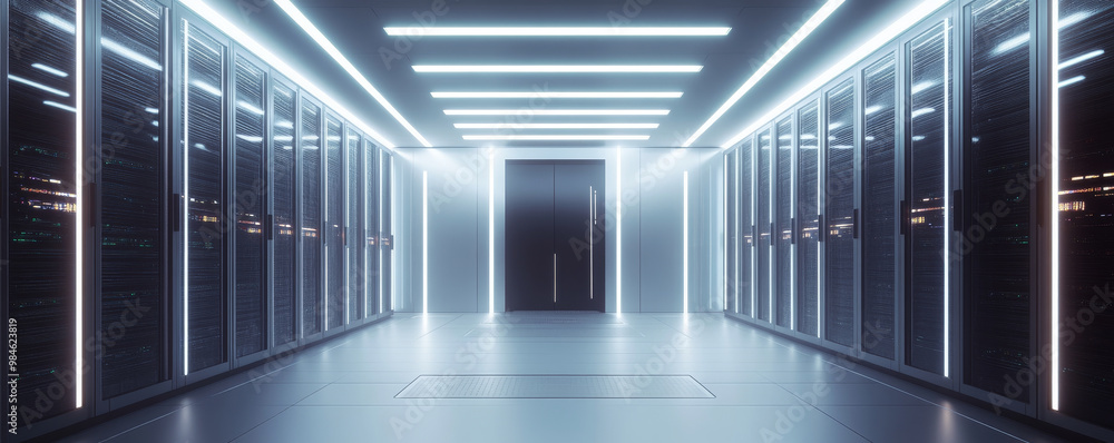 Poster a high tech data center featuring neatly organized server racks illuminated by bright led lights, cr