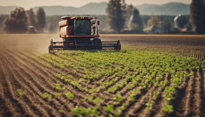Fototapeta premium Red tractor plows field in rural landscape, farming equipment working for harvest