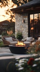 Fototapeta premium A cozy outdoor setting with comfortable chairs around an inviting fire pit, surrounded by lush greenery and a well-organized home garden, offering warmth on cool nights in the yard.