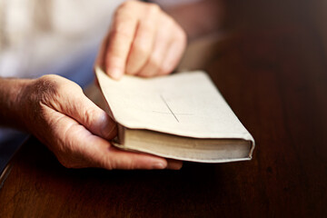 Old person, hands and bible for spiritual worship, holy gospel and reading testament for...