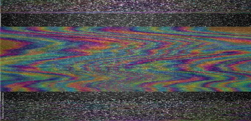 Aufkleber Digital representation of a television screen with static interference, displaying glitchy colored lines and patterns. A monitor that shows failures, malfunctions, and lack of a clear signal.