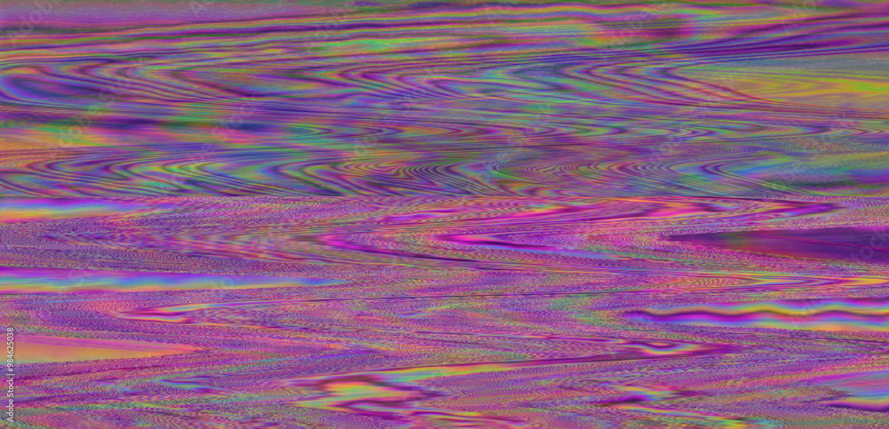 Fototapete Digital representation of a television screen with static interference, displaying glitchy colored lines and patterns. A monitor that shows failures, malfunctions, and lack of a clear signal.