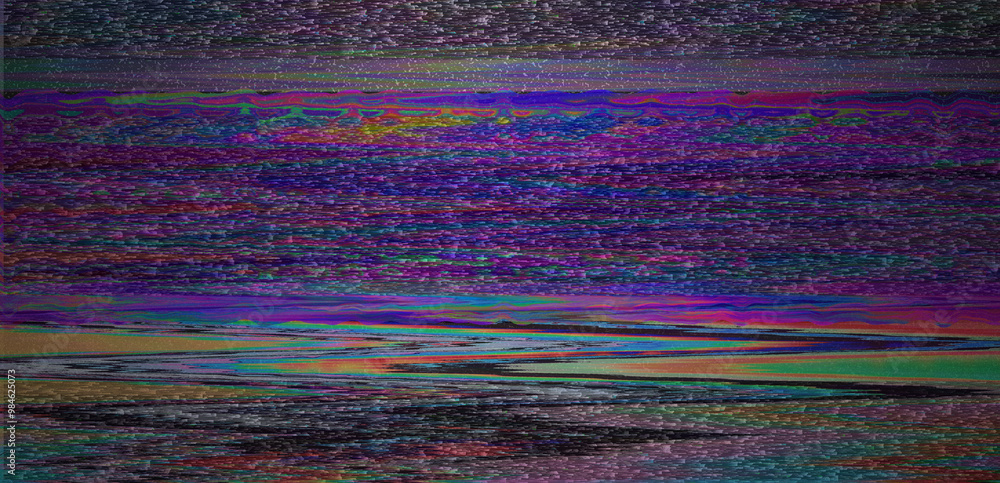 Aufkleber Digital representation of a television screen with static interference, displaying glitchy colored lines and patterns. A monitor that shows failures, malfunctions, and lack of a clear signal.