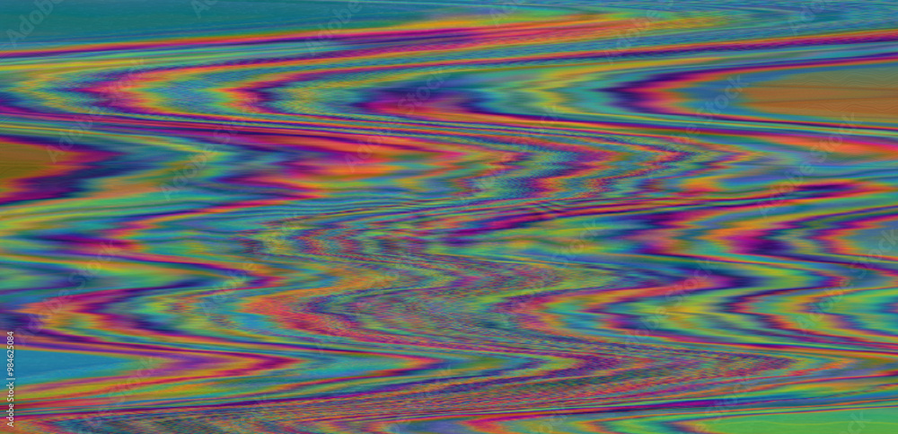 Aufkleber Digital representation of a television screen with static interference, displaying glitchy colored lines and patterns. A monitor that shows failures, malfunctions, and lack of a clear signal.