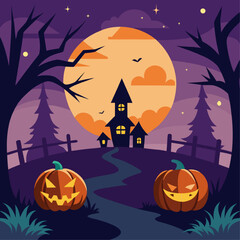 Spooky Halloween Night:  A haunting and atmospheric illustration of a spooky Halloween night with a full moon, a haunted house, and jack-o-lanterns.  Perfect for your Halloween designs. 