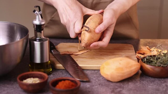 Peeling sweet potatoes in the kitchen for cooking in the oven.