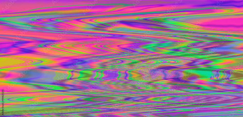 Aufkleber Digital glitch or a distorted video signal, with sharp angles and jagged lines of iridescent colors, predominantly purple, blue, green, yellow, and orange.