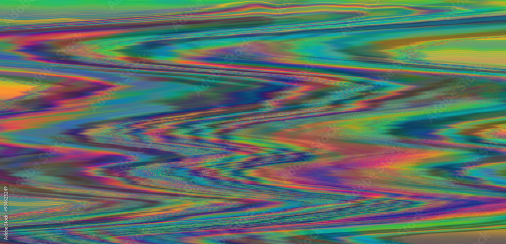 Poster Digital glitch or a distorted video signal, with sharp angles and jagged lines of iridescent colors, predominantly purple, blue, green, yellow, and orange.