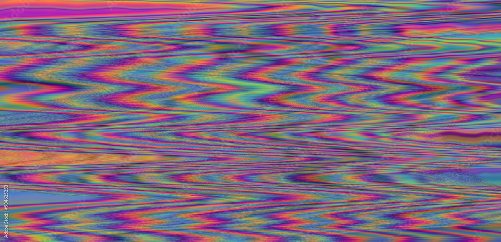 Poster Digital glitch or a distorted video signal, with sharp angles and jagged lines of iridescent colors, predominantly purple, blue, green, yellow, and orange.