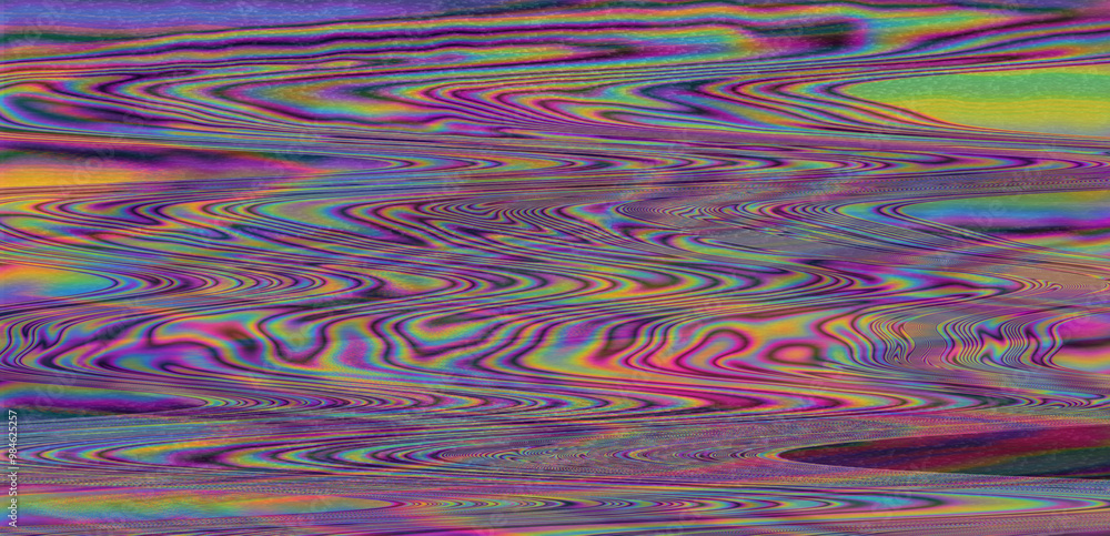 Poster digital glitch or a distorted video signal, with sharp angles and jagged lines of iridescent colors,