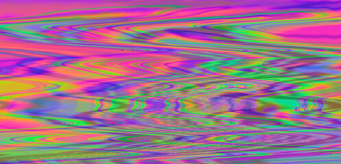 Digital glitch or a distorted video signal, with sharp angles and jagged lines of iridescent colors, predominantly purple, blue, green, yellow, and orange.