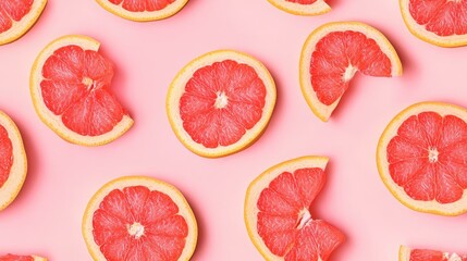 Seamless flat lay pattern of cut grapefruit on a pink background