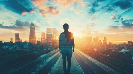 A person standing at the crossroads of transformation and ambition, bold perspective, copy space, bright contrasts, Double exposure silhouette with a city skyline and open road