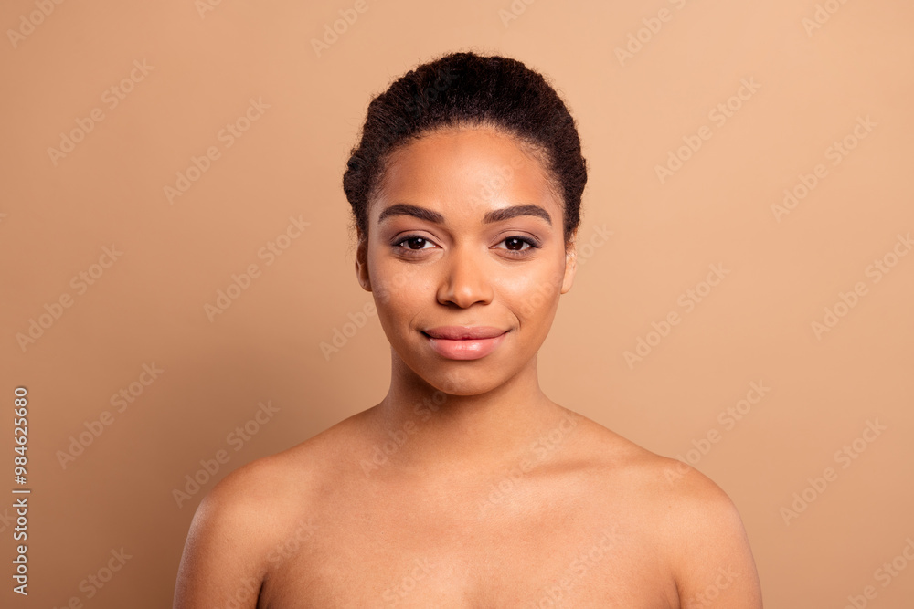 Poster Photo of lovely pretty girl look camera cosmetology open shoulders isolated on beige pastel color background