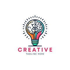 creative bulb logo design with line art style. colorful Bulb and brain logo design concept