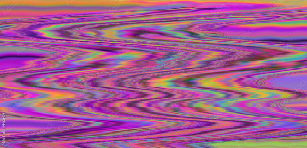 Poster Digital glitch or a distorted video signal, with sharp angles and jagged lines of iridescent colors, predominantly purple, blue, green, yellow, and orange.