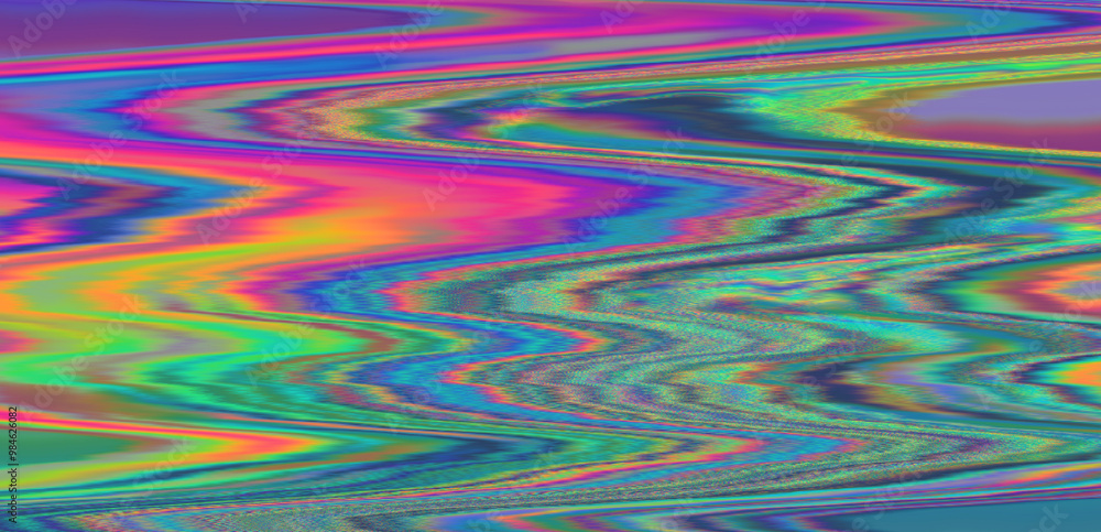 Poster digital glitch or a distorted video signal, with sharp angles and jagged lines of iridescent colors,