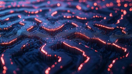 Abstract 3D Rendering of a Digital Landscape with Glowing Red Lines