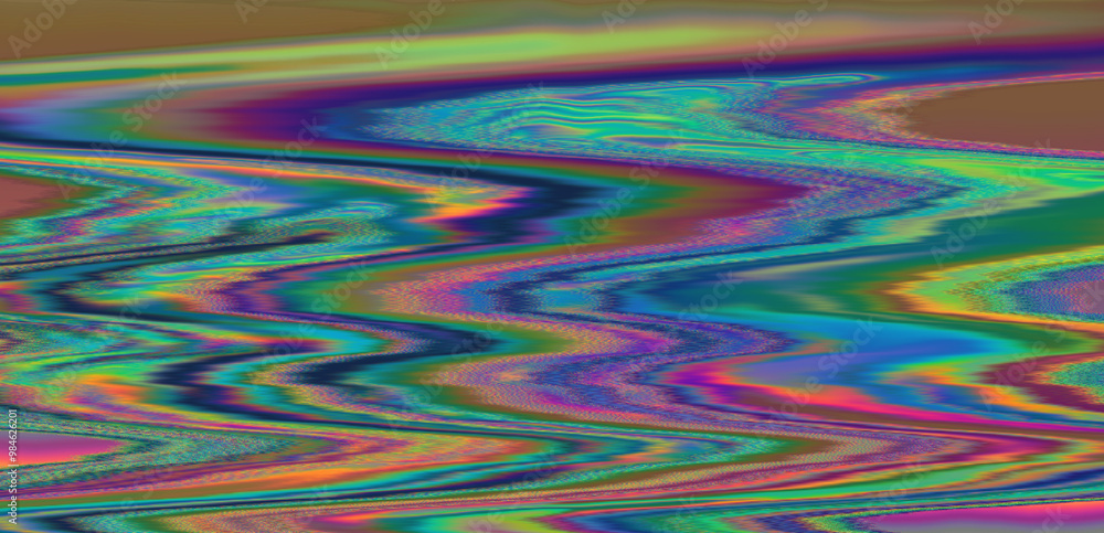Poster Digital glitch or a distorted video signal, with sharp angles and jagged lines of iridescent colors, predominantly purple, blue, green, yellow, and orange.