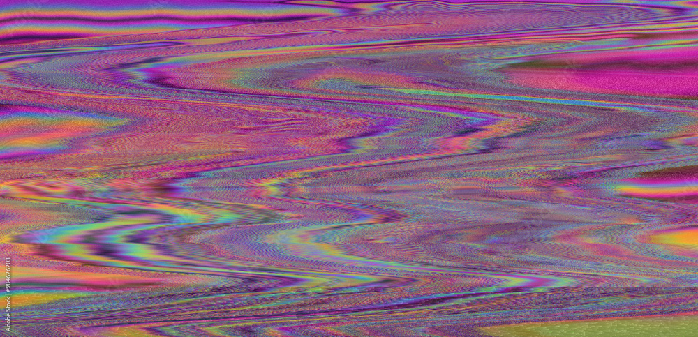 Poster Digital glitch or a distorted video signal, with sharp angles and jagged lines of iridescent colors, predominantly purple, blue, green, yellow, and orange.