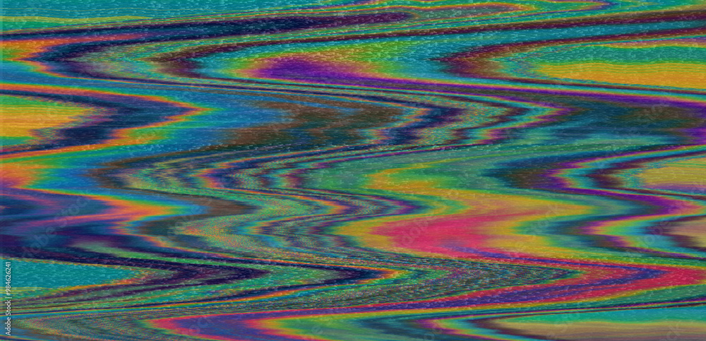 Poster digital glitch or a distorted video signal, with sharp angles and jagged lines of iridescent colors,