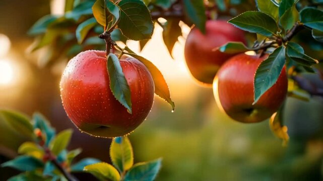 Many red apples on apple tree with sunrise