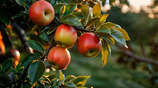 Many red apples on apple tree with sunrise