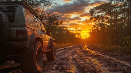 Tropical Rainforest Scene: Off-Road Vehicle on Muddy Path at Golden Hour.