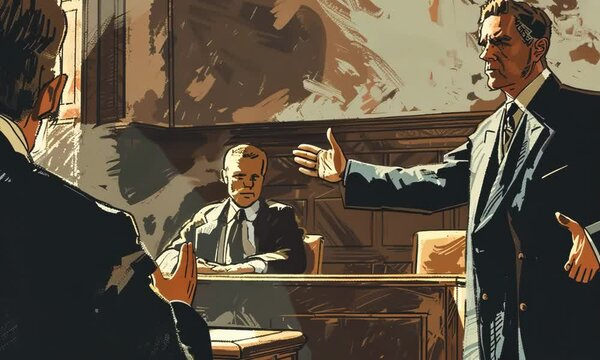 A man in a suit is standing in front of a judge and pointing to the floor 4K Video