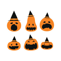 Pumpkin head set. Cute and scary Halloween pumpkin monster set. Holidays cartoon character in flat style collection.