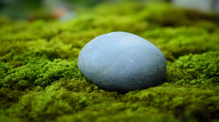 A smooth stone in a bed of moss.


