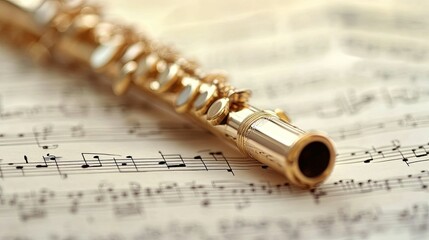 A Gold Flute Resting on Sheet Music